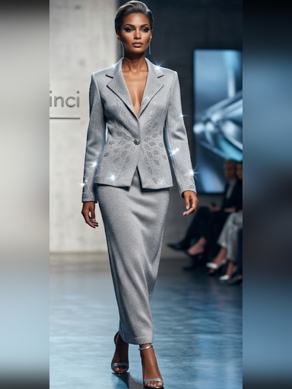 Donna Vinci Silver Embellished Women's Skirt Suit Size 8.
